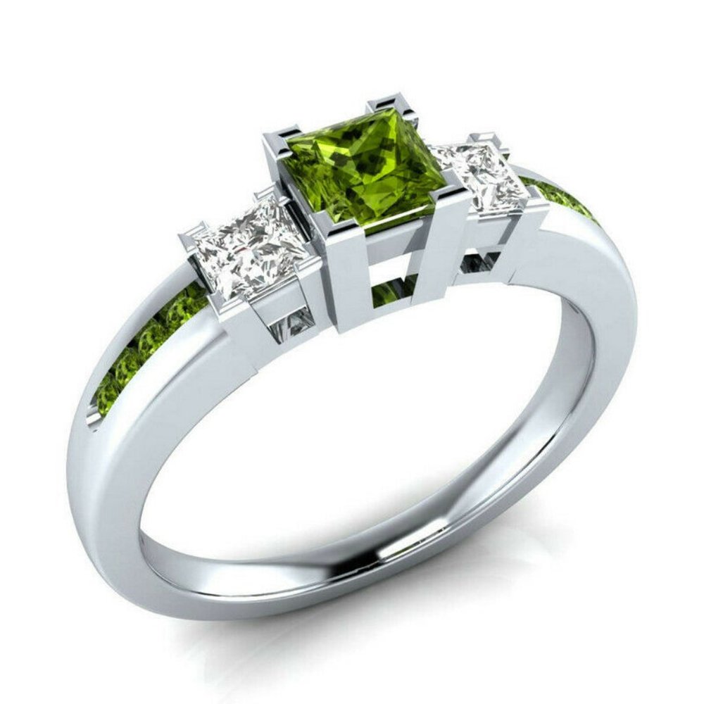 Silver Princess Cut Peridot Ring